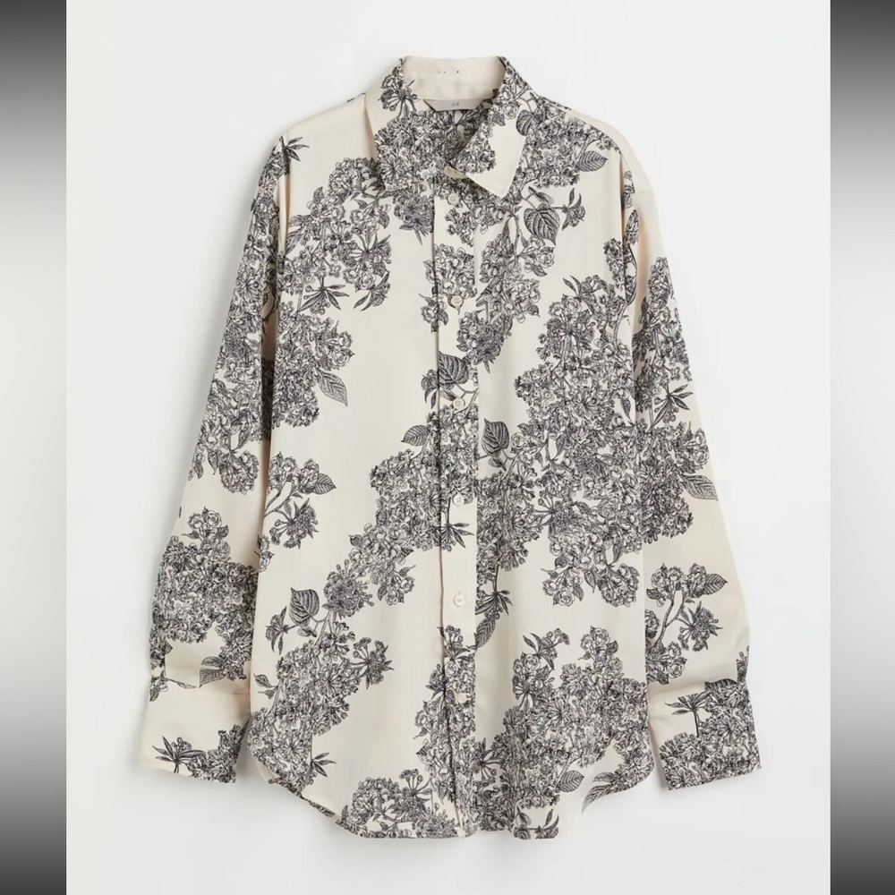 Viral H&M Satin Blouse Collared Oversized Cream Black Resort Floral Print XS
